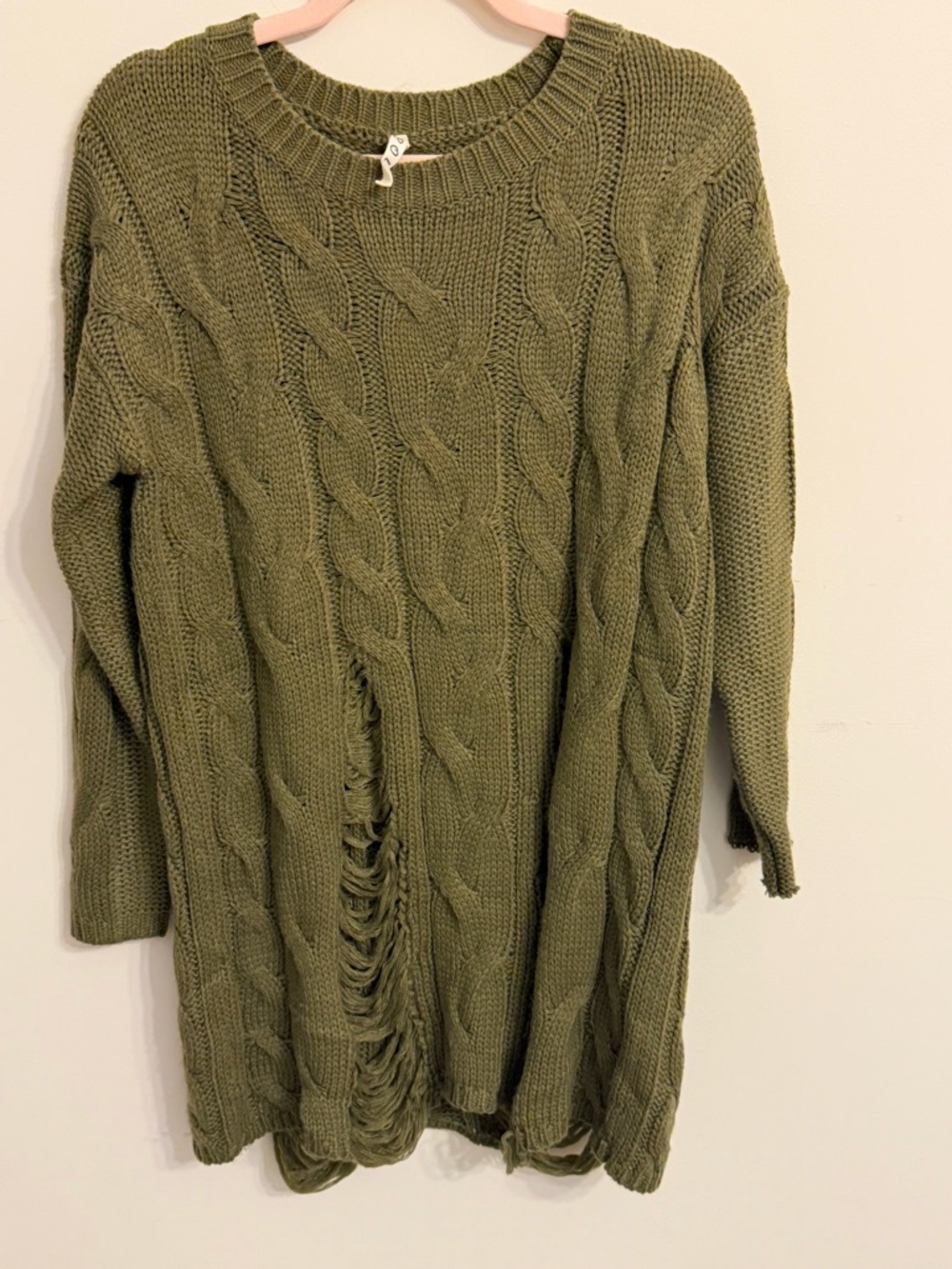 POL Olive Green Distressed Cable Knit Crew Sweater
